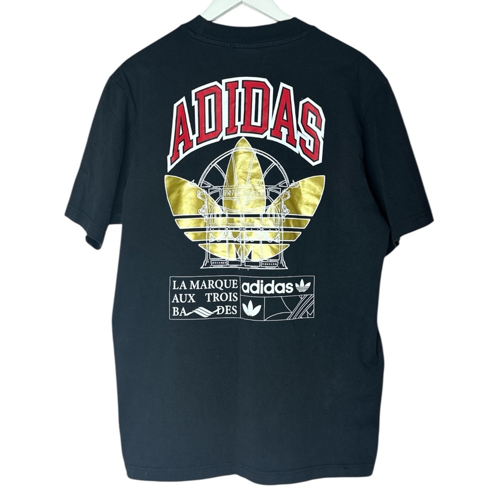 Adidas Black Graphic Tee with Gold and Red Accents Size